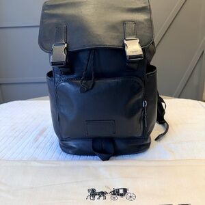 Coach Black Leather Track Backpack with Coach Dust Bag